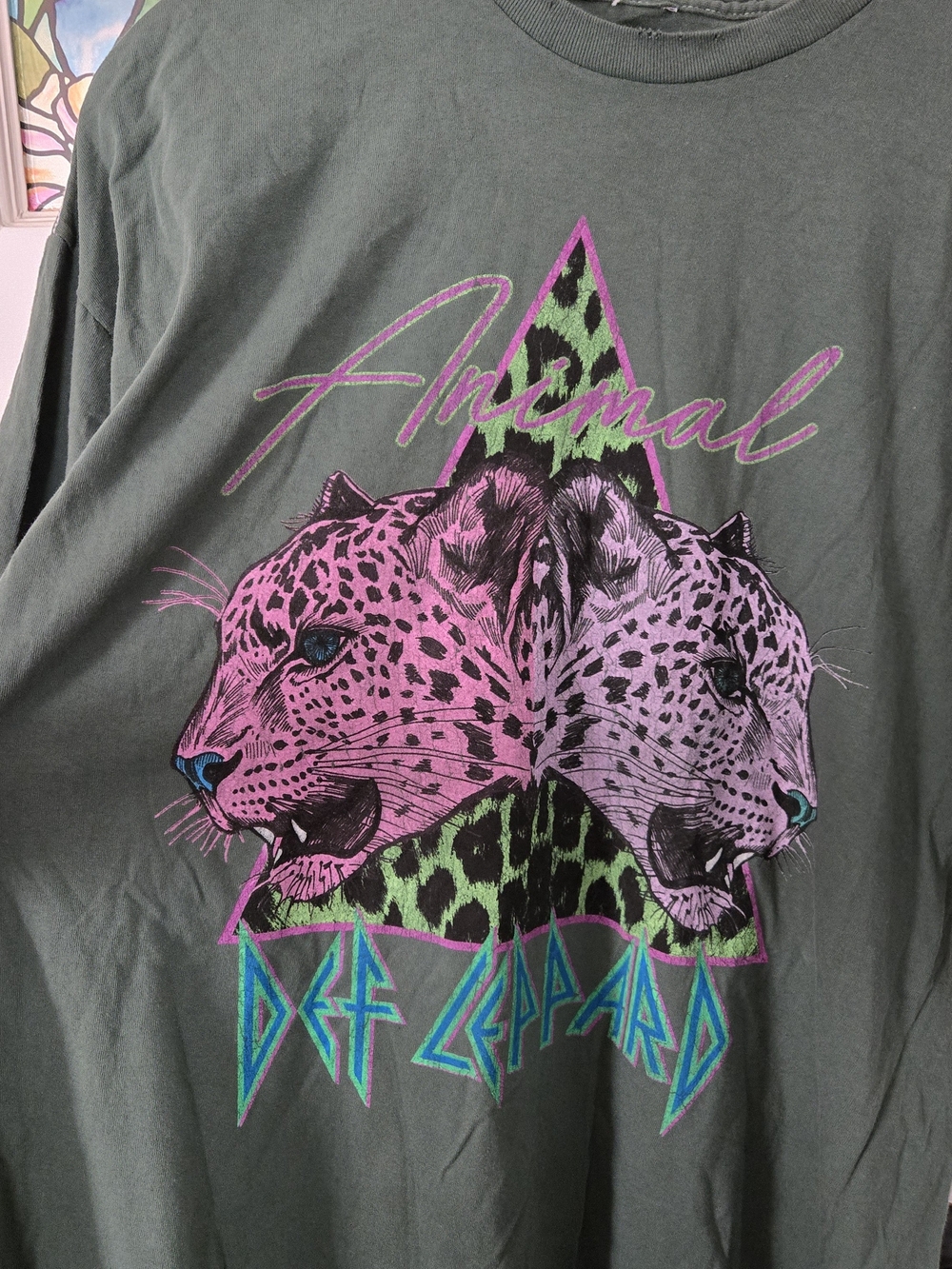 Def Leppard Animal Graphic Tee in Olive with Pink Accent